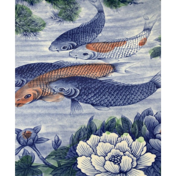 Vintage Japanese Indigo Blue Lotus Flower Koi Fish Plate Platter 12” - Picture 2 of 5
